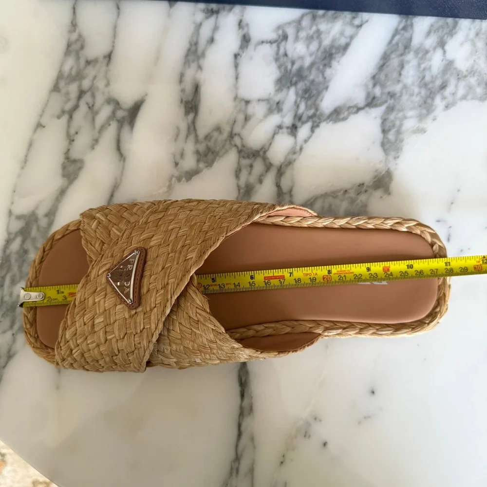 Prada 2X3142 Mens Woven Raffia Cross Strap Slide Sandals Beige Tan UK 7 (FIT LG)